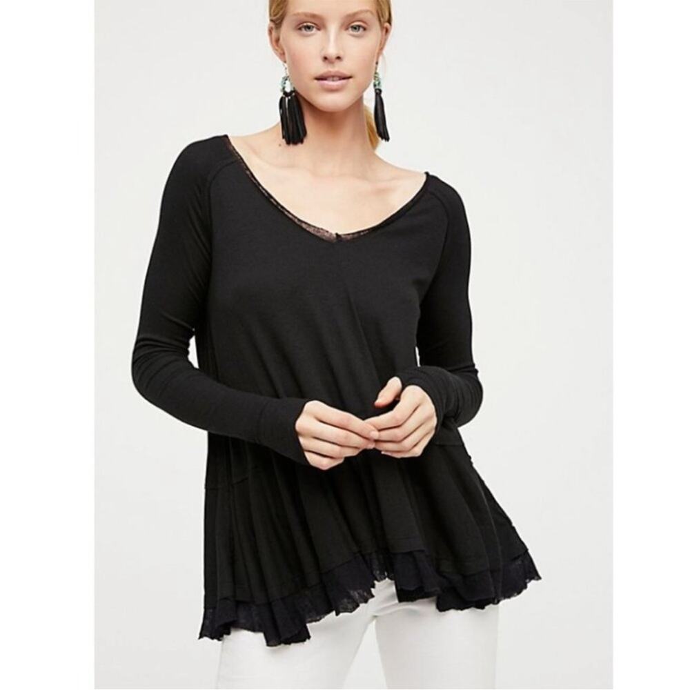Free People Tangerine Long Sleeve‎ Top Raw Hem in Black Size Medium